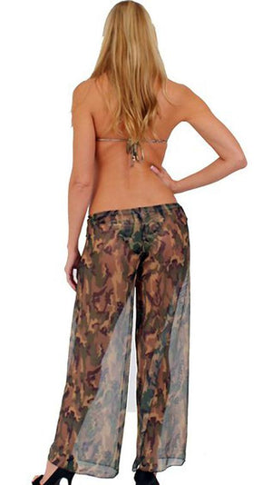 back view of Sheer camouflage beach pants with adjustable front tie