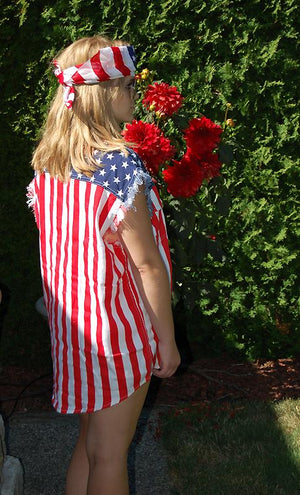 back of American flag stars and stripes frayed sleeveless women's denim biker shirt