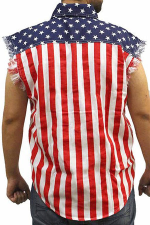 back of American flag stars and stripes frayed sleeveless men's denim biker shirt