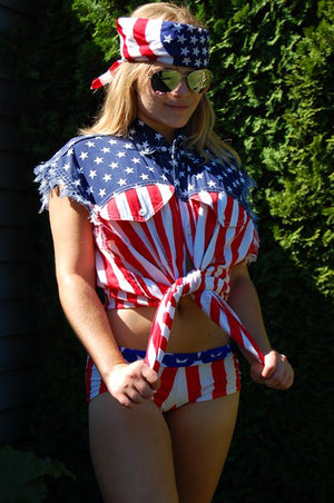 American flag stars and stripes frayed sleeveless women's denim biker shirt