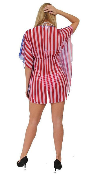 back of American flag stars and stripes sheer short sleeve beach dress