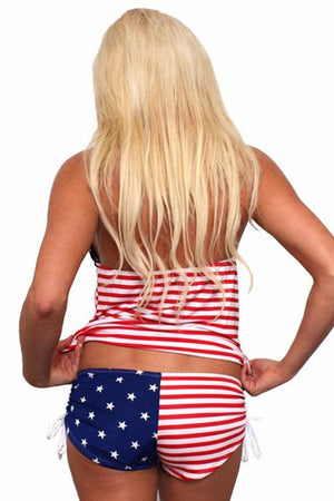 back view of USA American flag tankini and string shorts set