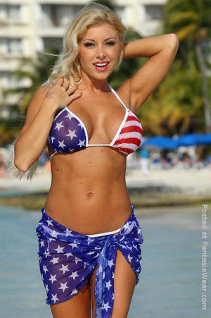 Z310 Sheer Big Star American flag Tonga thong bikini with wrap skirt